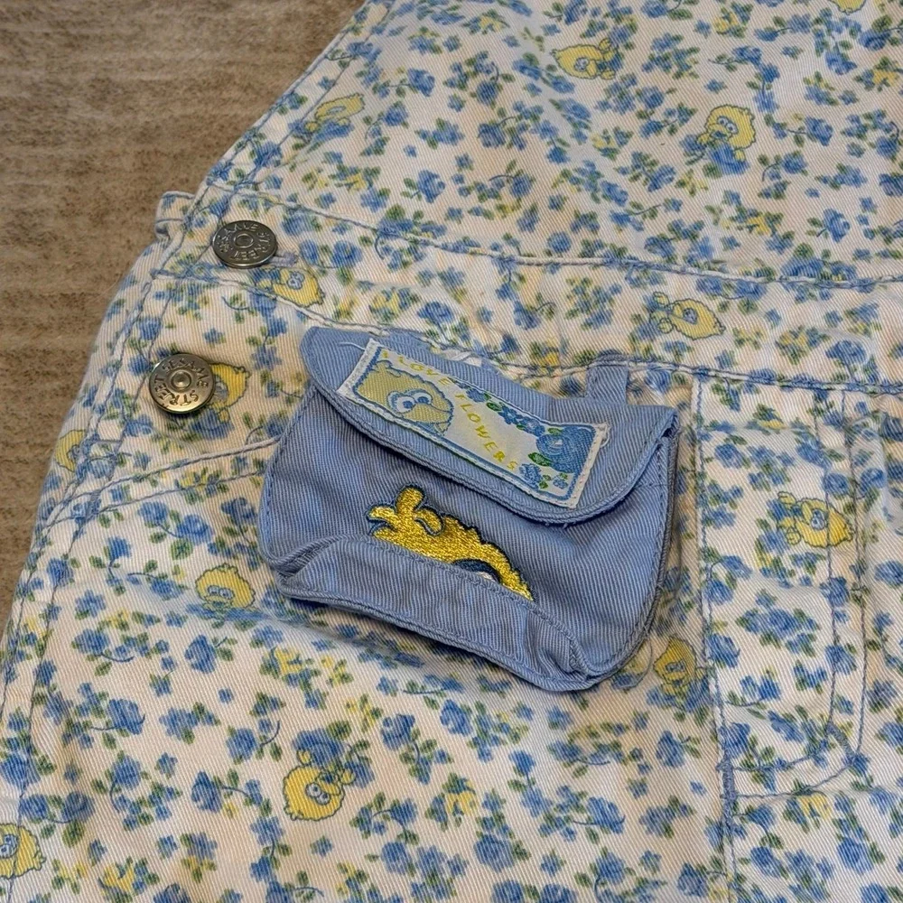 Vintage Sesame Street Big Bird Floral Overalls 18M Baby Toddler AOP